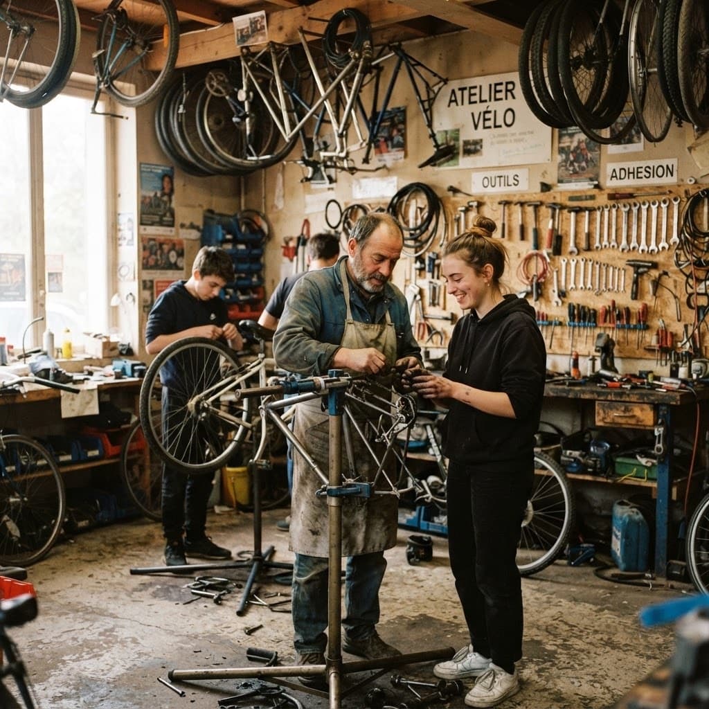 Bénévoles réparant des vélos ensemble pendant une permanence de l'atelier Pignon Libre