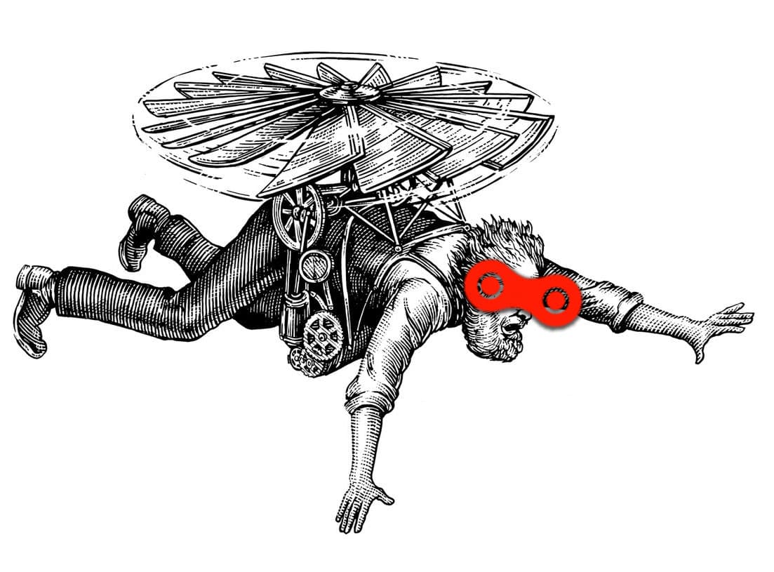 Gravure d'un homme sur une machine volante à pédales, un chaînon de chaîne rouge sur les yeux — mascotte de Pignon Libre