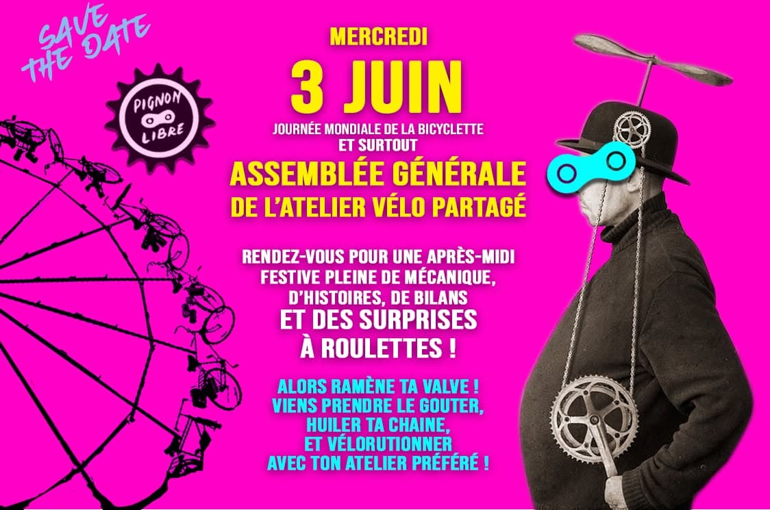 Affiche « Save the date » de l'assemblée générale de Pignon Libre, à la Journée mondiale de la bicyclette